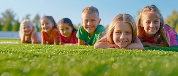 An image of happy boys and girls lying on green grass