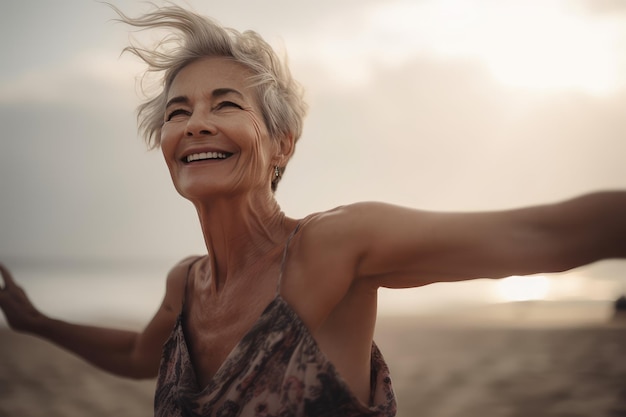 image of happy dancing mature woman at the beach