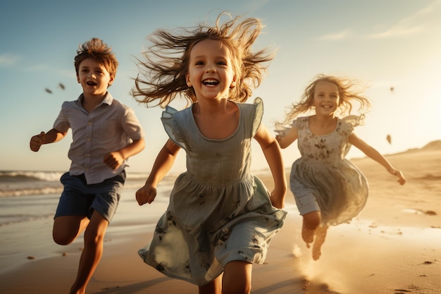 image of happy kids running on the beach coast