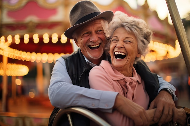 изображение счастливой зрелой пары в парке развлечений