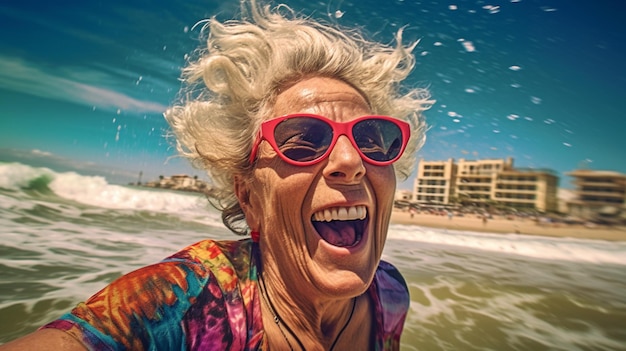 Image of happy mature woman at the beach