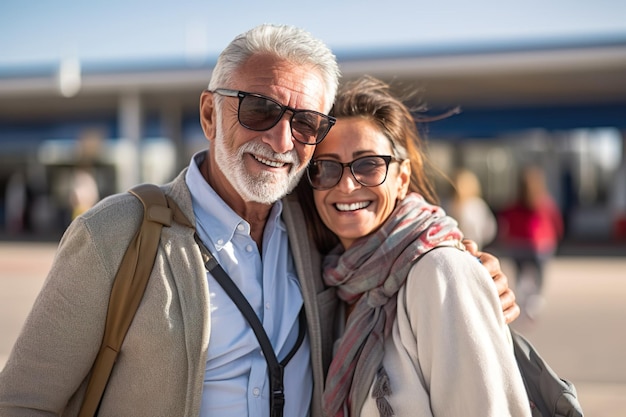 Image of happy old couple at airport terminal
