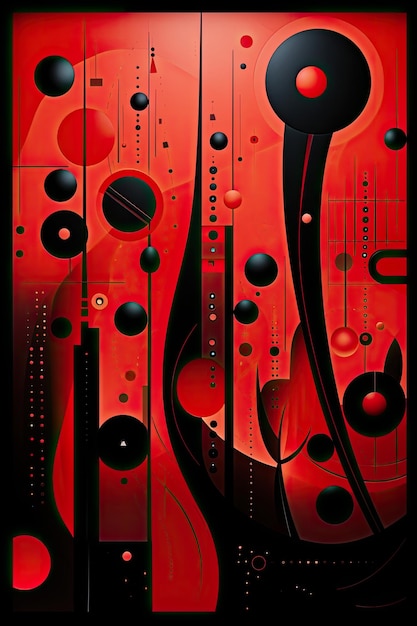 The image has a red and black abstract background with various shapes and lines Generative AI