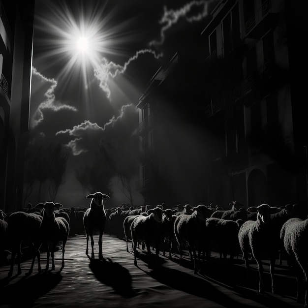 a image of a herd of sheep in a city street