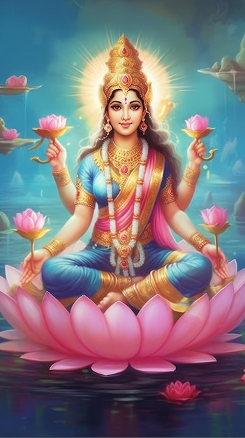 Photo image of hindu goddess lakshmi seating pink lotus generative ai