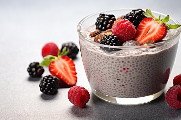 An image of a homemade chia seed pudding with fresh berries and nuts juxtaposed with a sugary store