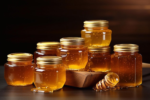 A image of Honey in glass jars and bottles on the counter Selling delicious and healthy product generative ai