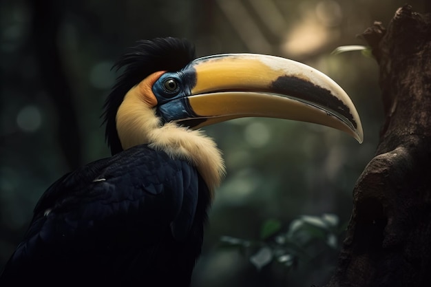 Image of hornbill standing on a branch in the forest on natural background Wild Animals Bird illustration Generative AI