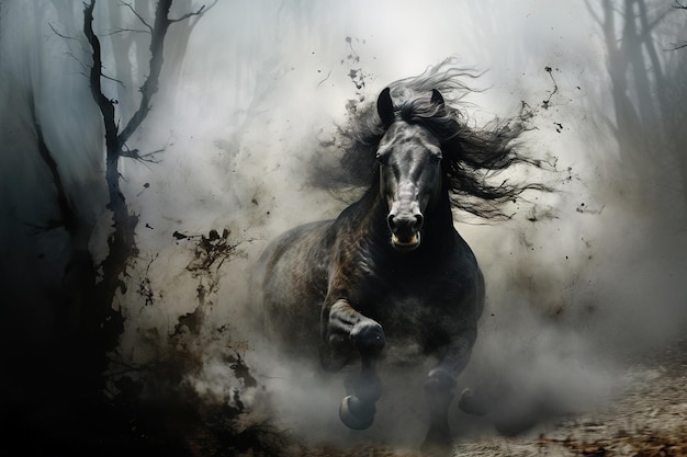 Image of horse running in the forest with a scary atmosphere Wildlife Animals Generative AI Illustration