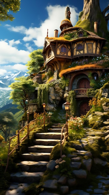 언덕 위에 있는 집과 그 집으로 올라가는 계단의 이미지