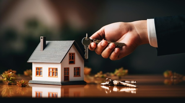 Изображение дома с ключами и договором купли-продажи недвижимости, договором аренды, успешной сделкой.