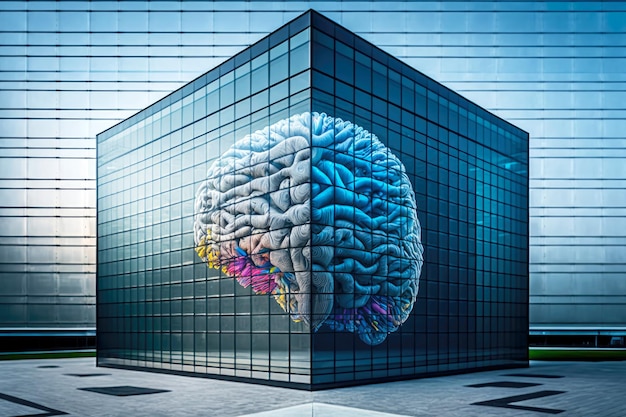 Photo image of huge human brain in mosaic on glass wall of futuristic library data center generative ai