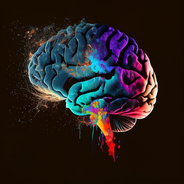 Photo image of human brain in colorful splashes glowing on black backgroundv mental health psychology anxiety depression learning concept