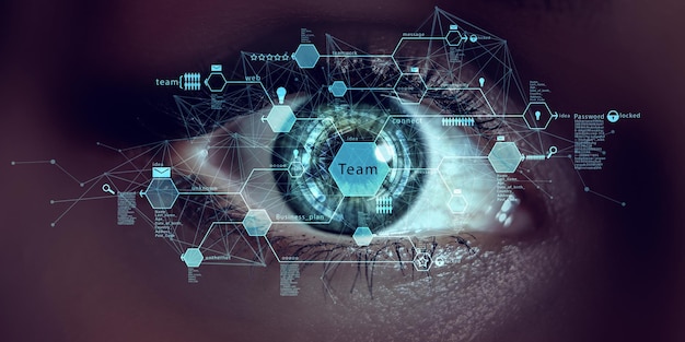 Image of human eye in process of scanning. Mixed media