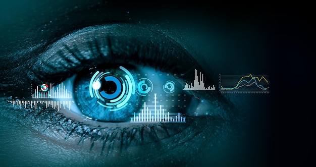 Image of human eye in process of scanning. Mixed media