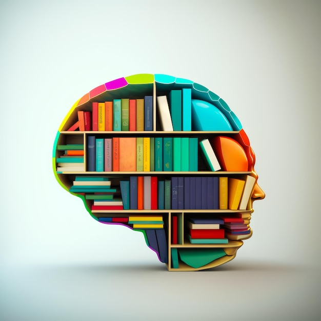 Image of human head with books in the shape of brain Generative AI