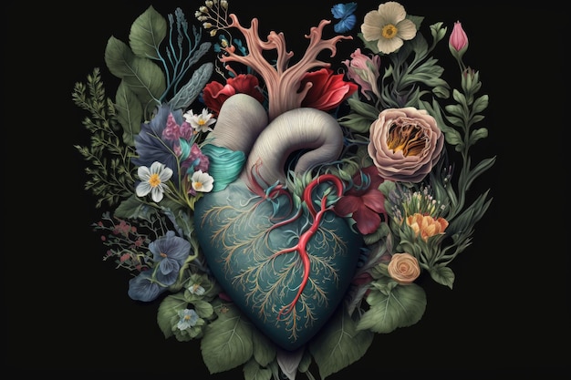 Image of human heart with flowers as symbol of love