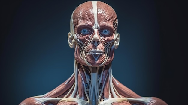 Photo image of human skeleton with muscles head and shoulders anatomy healthy living concept futuristic