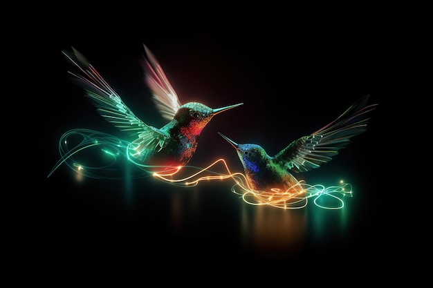 Image of humming bird with beautiful colors and light on a dark background Wildlife Animals Illustration generative AI