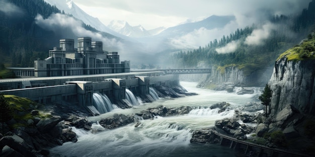 Image of a hydroelectric dam as a source of energy the movement of water Generative AI