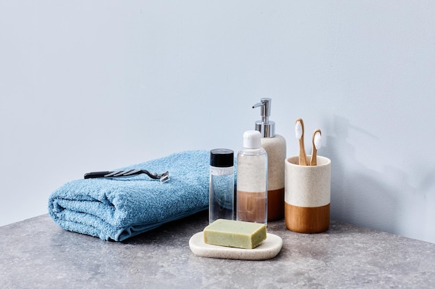 Image of hygiene products for body care on toilet table in bathroom
