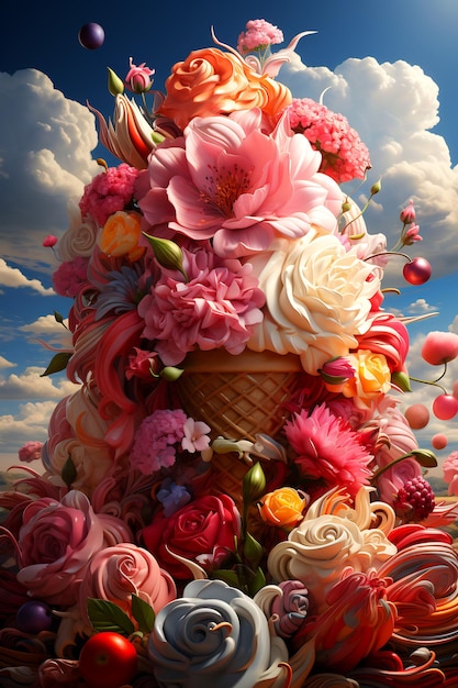 Image of ice cream cone with flowers on it Generative AI