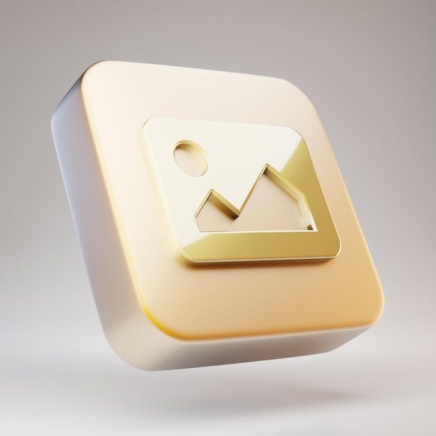 Значок изображения. Золотой символ изображения на матовой золотой пластине. 3D визуализации значок социальных сетей.