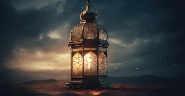 An image of an illuminated eid lantern at night with generative ai