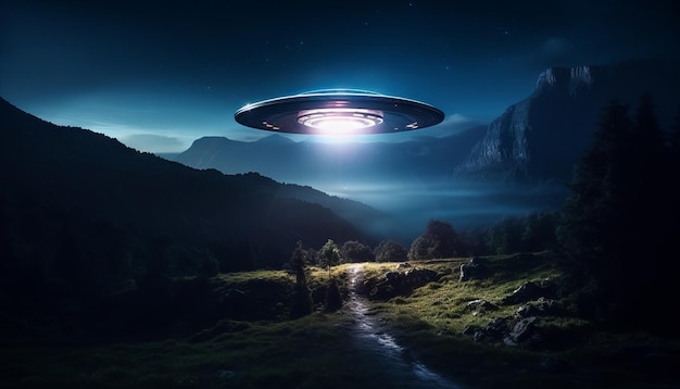 Image of an illuminated UFO spaceship hovering over a mountainous landscape Generative ai