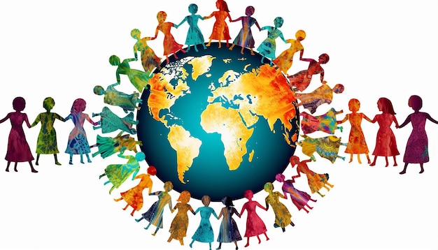 Foto un'immagine che illustra un gruppo di persone diverse che si tengono per mano in un cerchio intorno alla terra