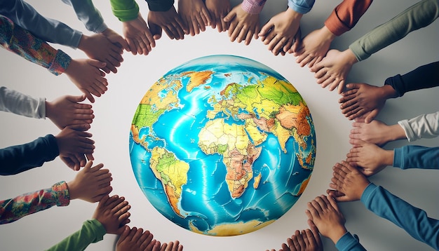 Photo an image illustrating a group of diverse people holding hands in a circle around the earth the cent