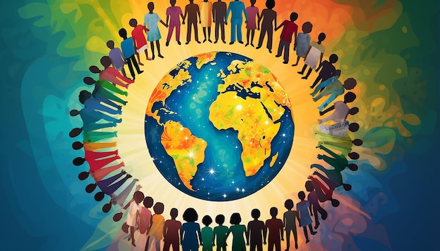 an image illustrating a group of diverse people holding hands in a circle around the Earth The cent