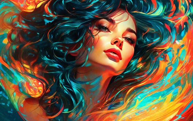 Foto immagine di un'illustrazione su una bella donna con capelli ricci colorati e vivaci