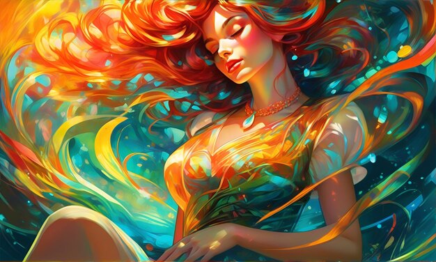 Photo image of illustration on a beautiful woman with vibrant colorful curly hair