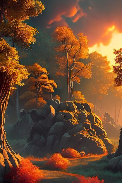 Image illustration with trees mountains and fable details generative ai