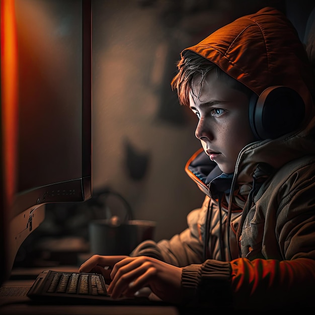 Image of immersed young boy gamer playing video games on computer in dark roomAI Generated