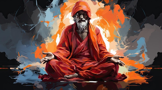 Photo an image of indian monk meditating in a dark room with fire background