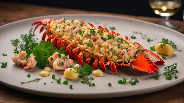 로버트 테르미도르 (Lobster Thermidor) 가 목조 테이블에서 중심 무대를 차지하는 쾌락의 이미지