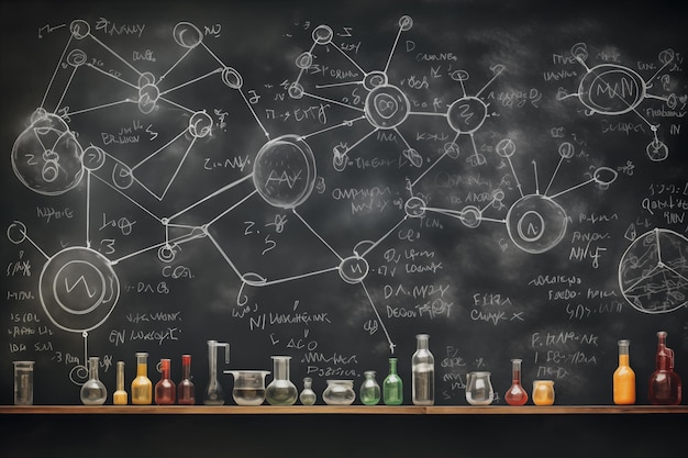 Photo image of intricate chemical structures displayed on a chalkboard generative ai