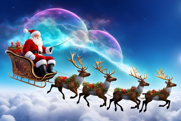 Photo image of the iridescent plasma fractal santa claus and his reindeer sleigh in fairy tale style