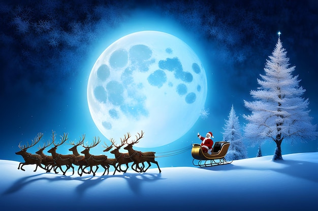 Photo image of the iridescent plasma fractal santa claus and his reindeer sleigh in fairy tale style