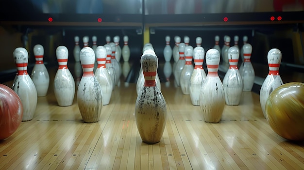 Foto l'immagine è un rendering 3d di una pista da bowling. i perni sono disposti in una formazione triangolare su una pista di legno.