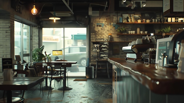 The image is a 3D rendering of a coffee shop interior The shop is small and cozy with a brick wall and wooden floors