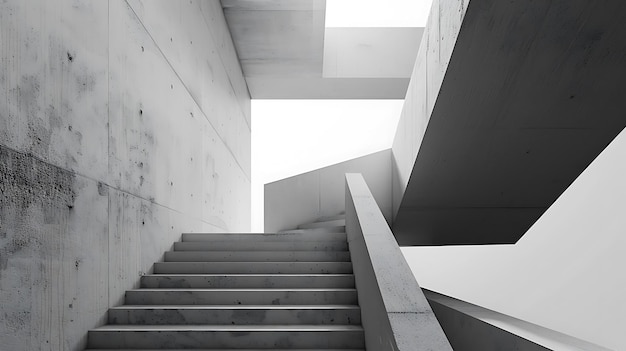 The image is a 3D rendering of a concrete staircase The staircase is located in a bright white room with a large window at the top of the stairs