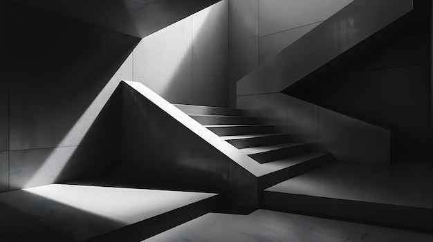 Изображение представляет собой 3D-рендеринг бетонной лестницы с прожектором, сияющим вниз с вершины