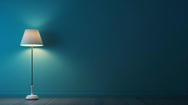 Photo the image is a 3d rendering of a dark blue wall with a white floor lamp the lamp is turned on and is casting a dim light on the wall