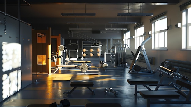 The image is a 3D rendering of a fitness center The room is long and narrow with a high ceiling