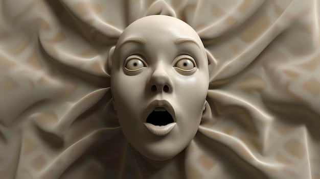 The image is a 3D rendering of a human face with a surprised expression The face is embedded in a soft beigecolored fabric