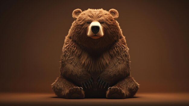 The image is a 3D rendering of a large brown bear The bear is sitting on its haunches and looking at the viewer with a curious expression