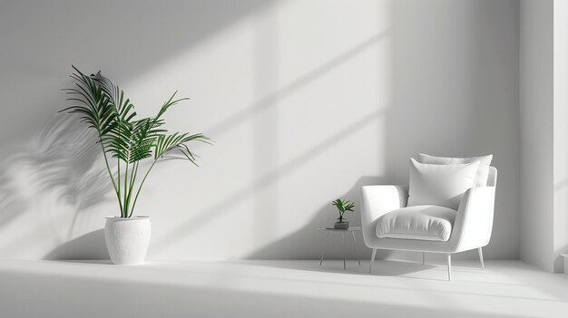 The image is a 3D rendering of a modern living room The room is furnished with a white armchair and a small table with a potted plant on it